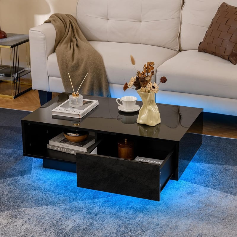 Lakierowany Stolik Kawowy z 20 Kolorowymi Diodami LED i Pilotem, Czarny, Nośności 65 kg, 9 Poziomów Jasności i 10 Trybów Migania, 95 × 55 × 31 cm