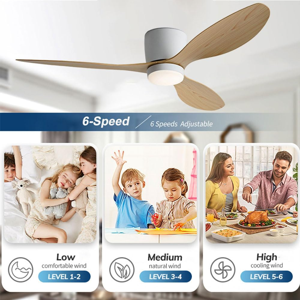 Ventilateur de plafond avec lumière, télécommande/contrôle par application, 6 vitesses de ventilation, minuterie, (132 cm) - 6