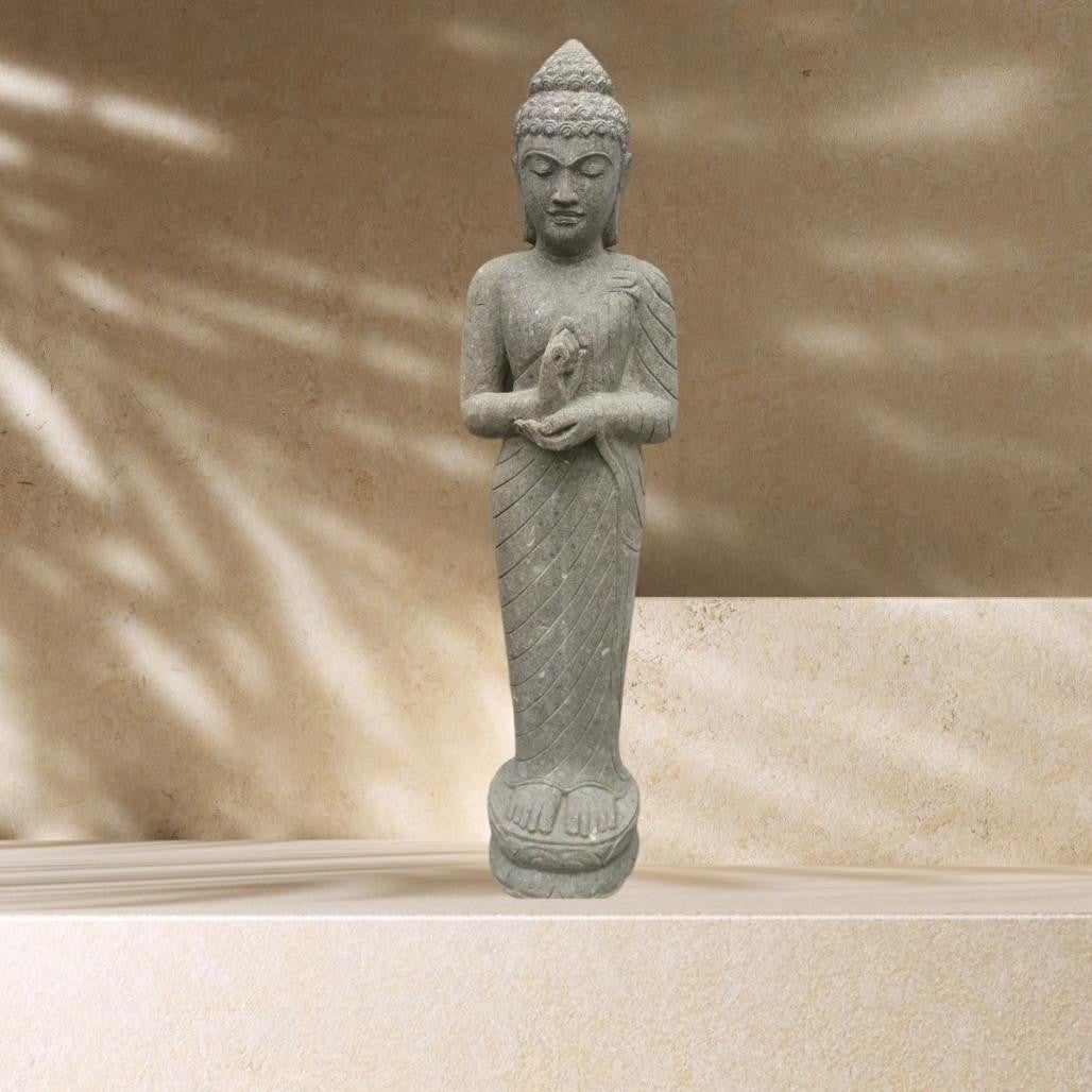 Statue de jardin en pierre volcanique bouddha debout chakra 1m50 — free download