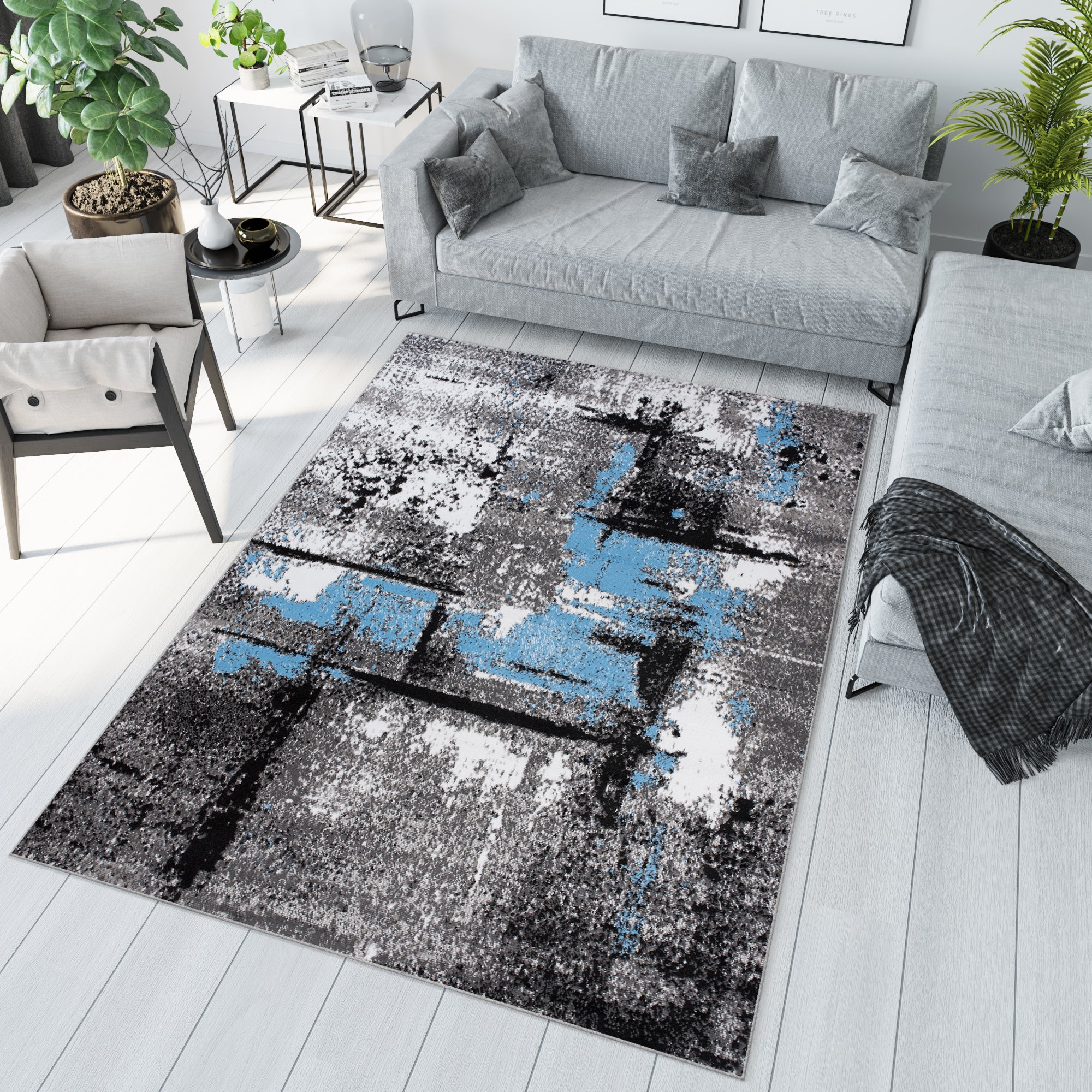 Tapiso maya alfombra de salón comedor juvenil diseño moderno blanco azul gris negro moteado delgada 200 x 200 cm
