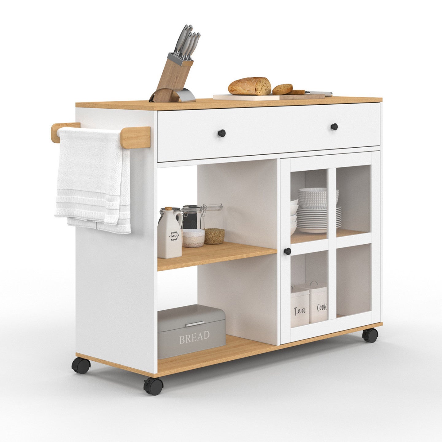 Desserte de cuisine ACHILLE XXL avec étagère et placard vitré bois et blanc L.100 CM - 2