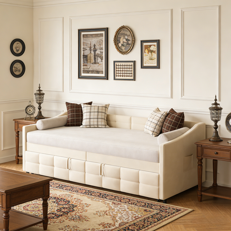 Canapé Lit 2 Places Convertible 90x200 cm, Lit Gigogne 2 Places avec Sommier à Lattes, Lit Banquette pour Salon Chambre, Velours, Beige - 3