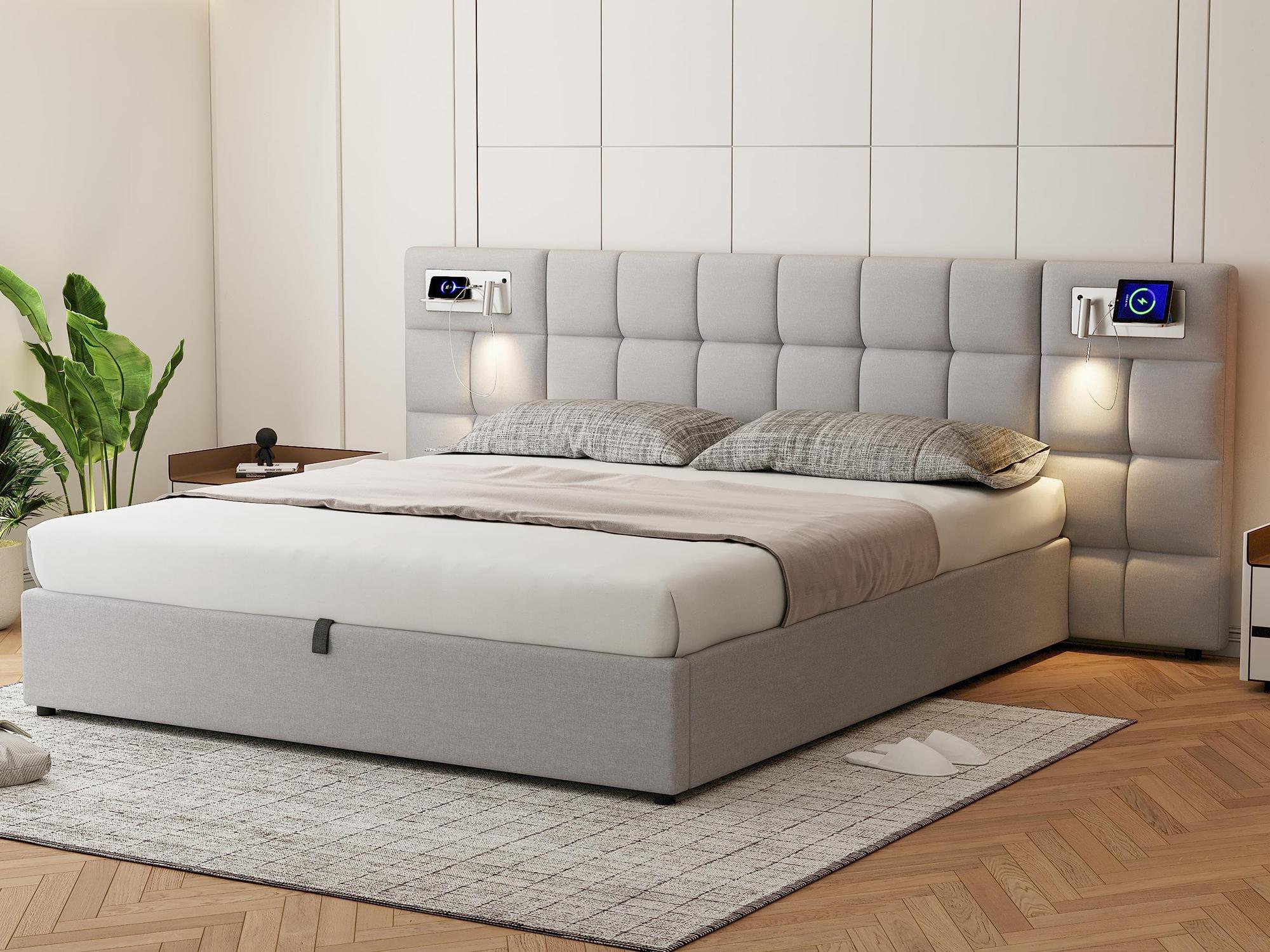 Pojemnik na pościel 180x200cm z tkaniny lnianej - z bezprzewodowym ładowaniem USB、 i diodą LED - z listwową podstawą - Szary