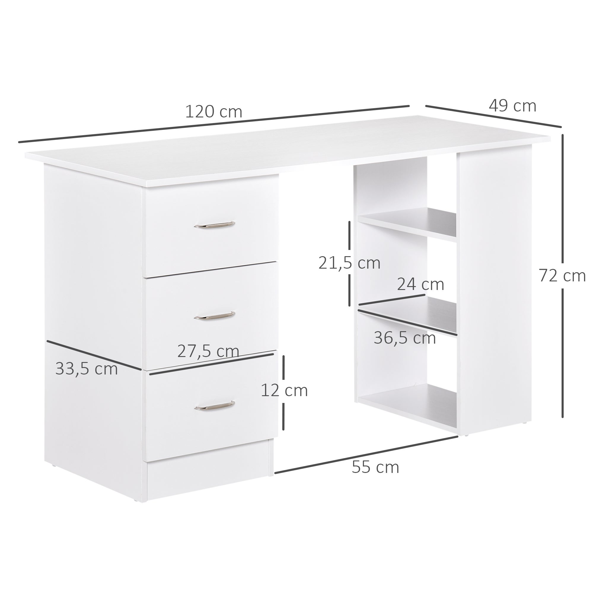 Bureau avec rangement, table informatique 120 x 50 cm, bureau d'ordinateur avec étagères et tiroirs, pour petits espaces, chambre à coucher, blanc - 5