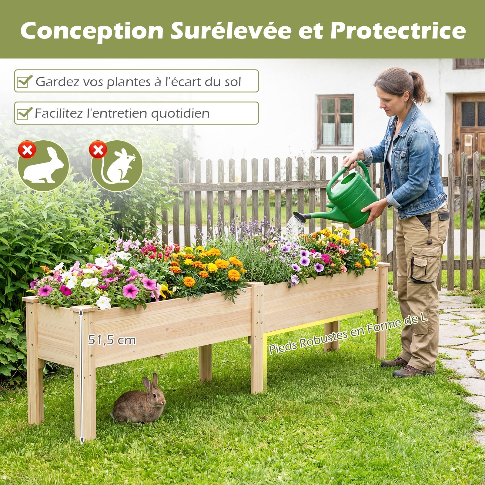 Jardinière avec 2 Zones de Culture, Bac à Fleur Surélevé en Bois de Sapin Plateaux Amovibles Séparation Trou de Drainage, 240 x 43,5 x 51,5CM, Naturel - 6