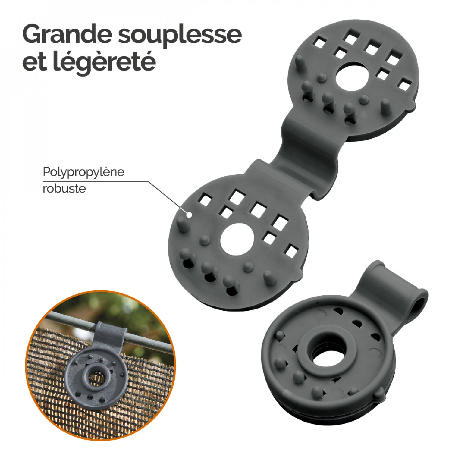 Linxor - Lot de 50 clips de fixation pour brise vue, bâche ou toile d'ombrage - Gris - 3