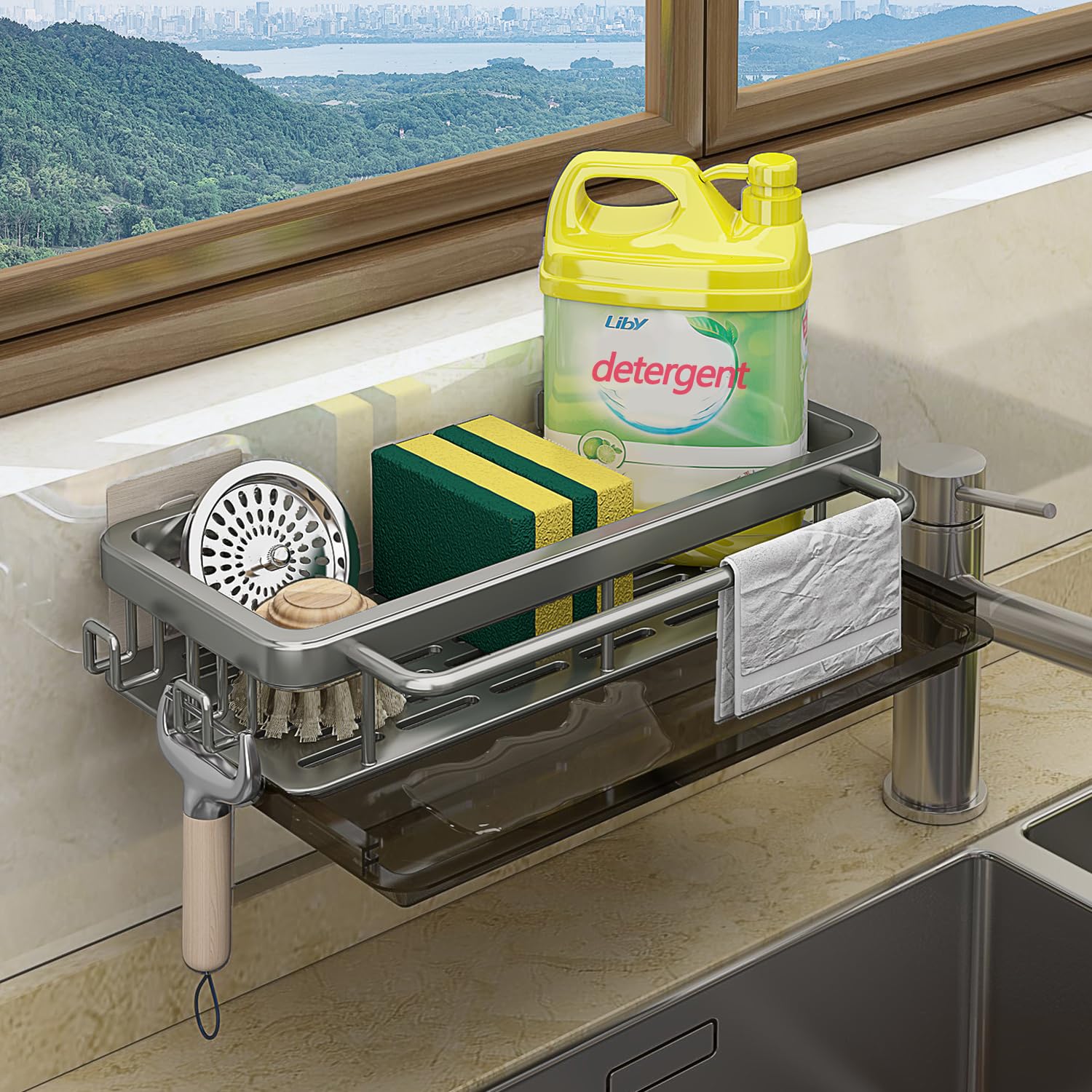 Organizer Per Lavello Da Appendere In Metallo Grigio – Con Portaspugna, Scolapiatti E Ganci Per Strofinacci, 30x16,5 Cm