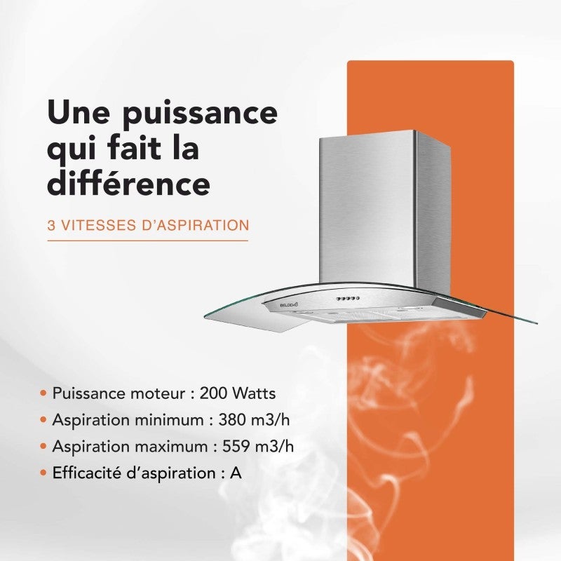 HOTTE DECORATIVE MURALE 90 CM - VERRE ET INOX - 559 m3 - 200W - 60dB - 5