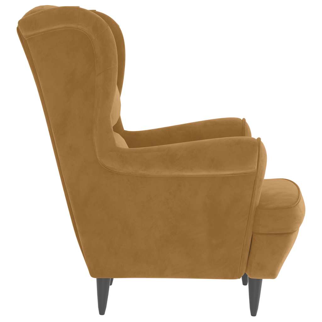 Fauteuil à oreilles avec tabouret marron en velours - 5