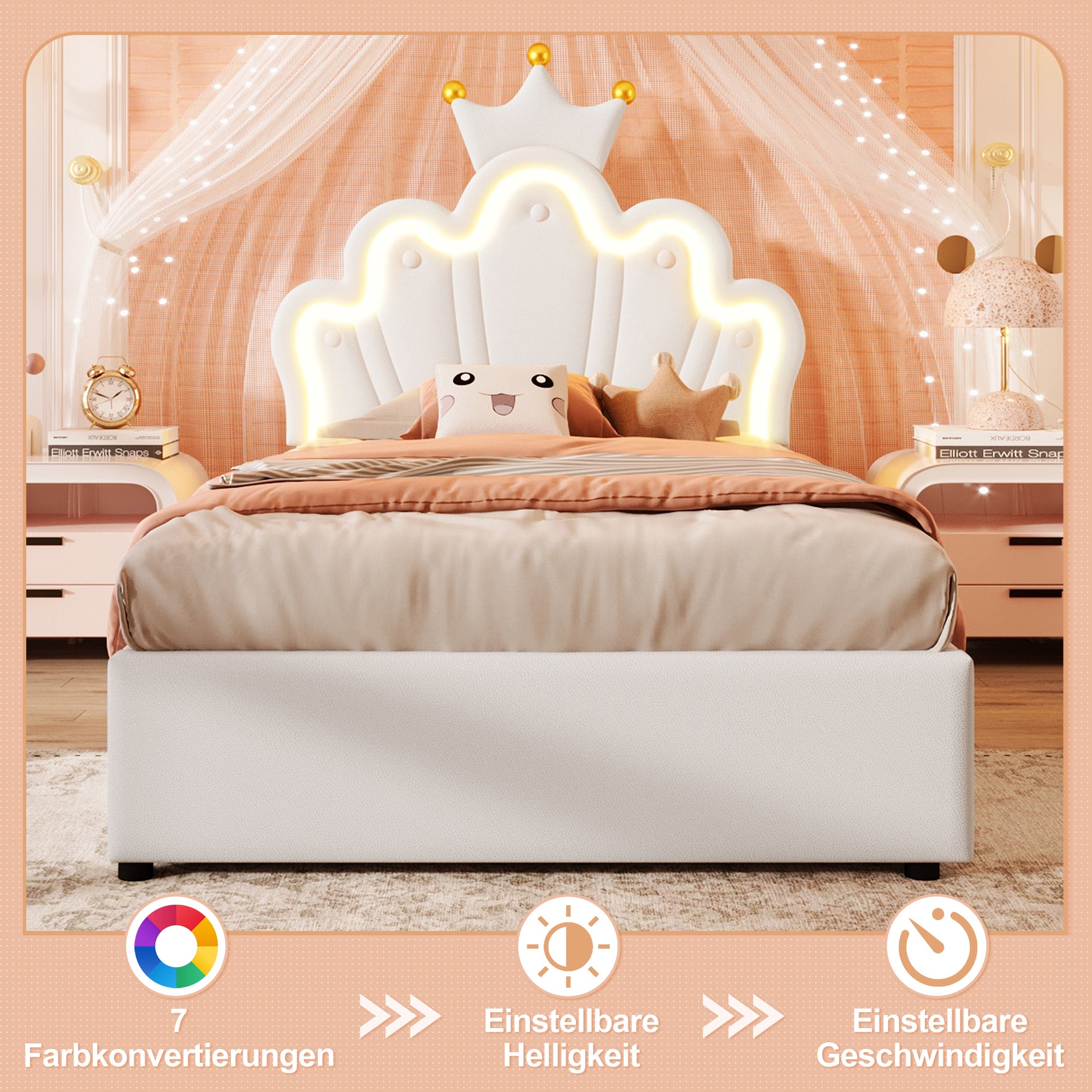 Lit coffre 90 x 200 cm avec tête de lit réglable en forme de couronne - Cuir PU - LEDs - Blanc (sans matelas) - 2