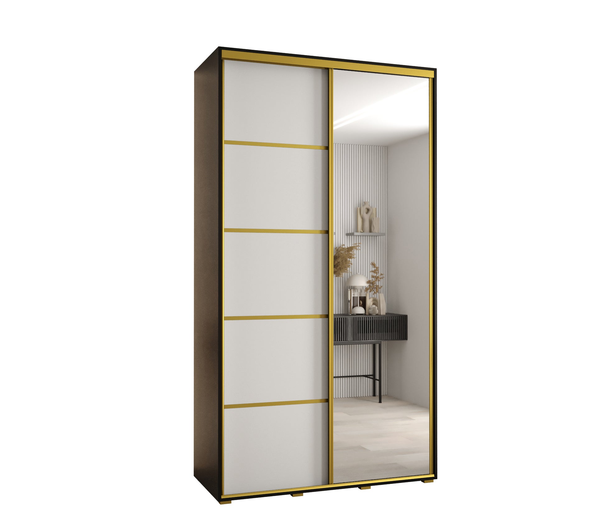 Szafa przesuwna z lustrem wysoka Davos 5 140 x 60 x 235,2 cm czarny + biały + u. złoty - Abiks Meble