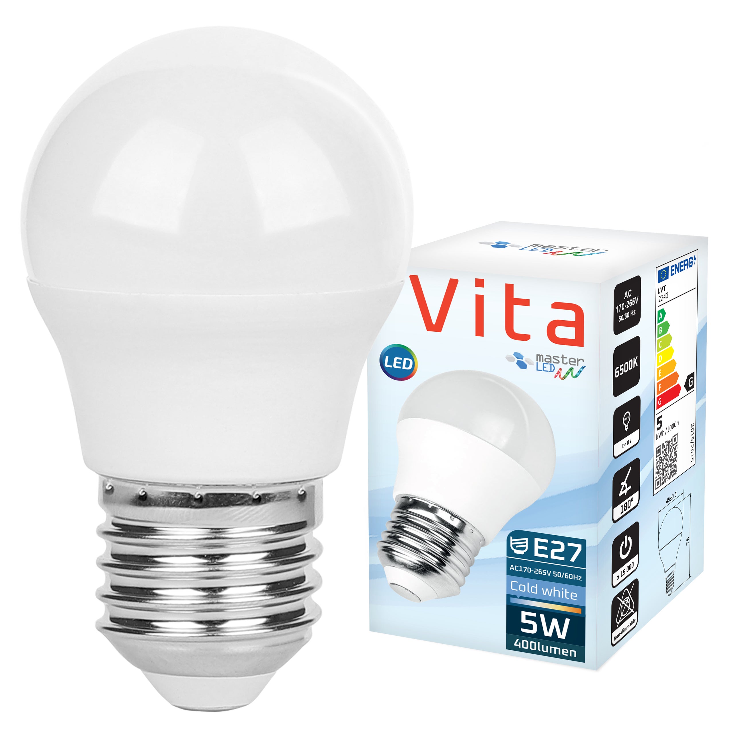 Żarówka LED E27 Vita G45 5W 6200K zimna biel mocna premium kula MasterLED