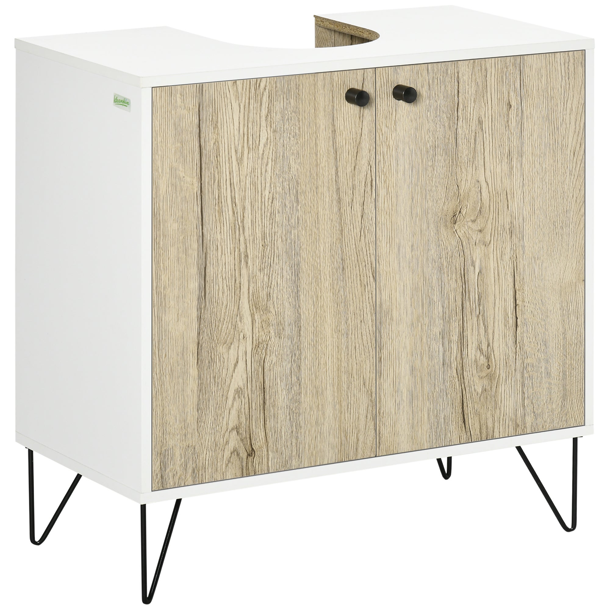 Mueble bajo fregadero con 2 puertas, estante y patas de acero, 60x30x60 cm, roble y blanco.
