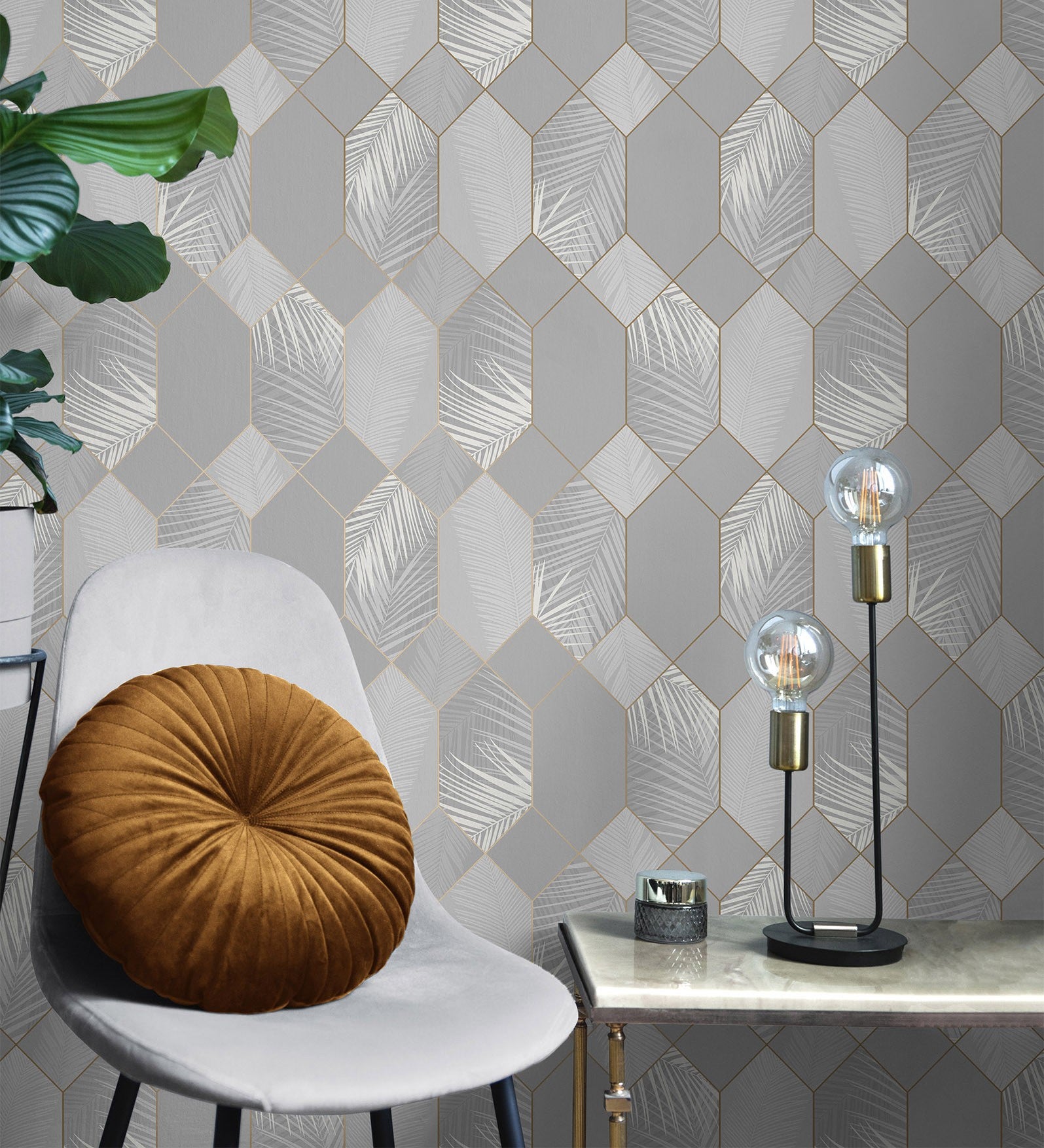 Papel pintado lavable geométrico panel hexagonal con hojas tropicales - tropical hive 681284 de gaulan - rollo de 10 m x 0,53 m