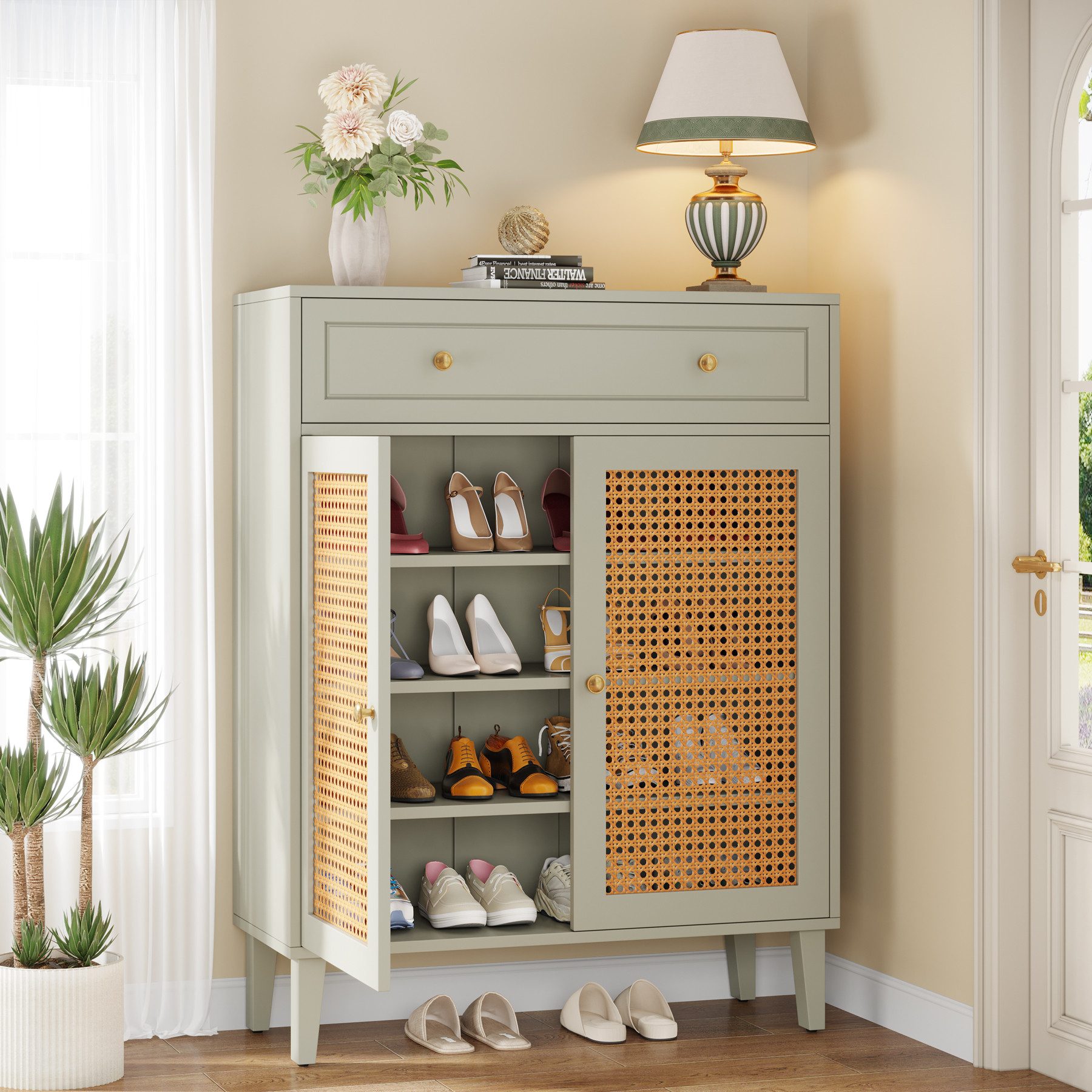 Tribesigns Scarpiera con ante e cassetto per ingresso, 80*40*110cm,Scarpiera in rattan con ripiano regolabile per corridoio, soggiorno, Verde | Leroy Merlin