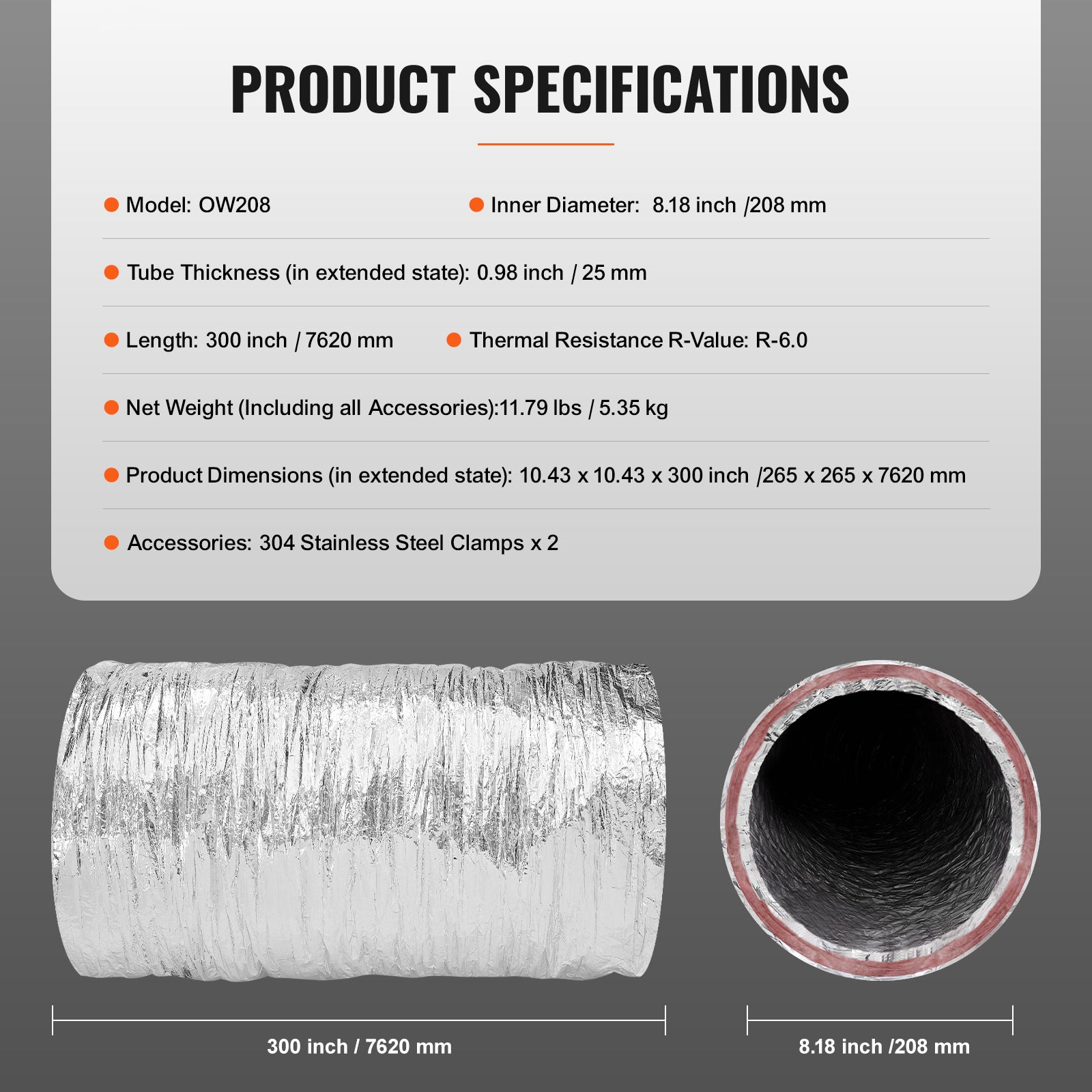 Tuyau d'aération de sécheuse 203,2 mm, conduit flexible isolé 7,62 m avec 2 colliers, protection à trois couches R-6.0, pour ventilation SucceBuy - 9