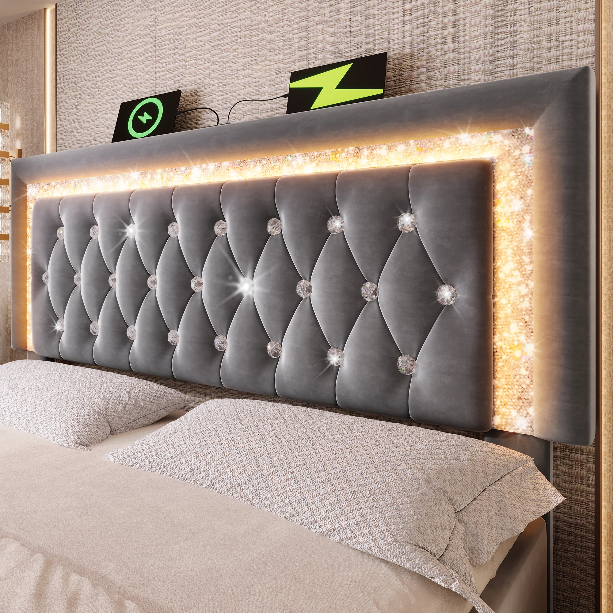 Łóżko tapicerowane z pojemnikiem 180x200 cm z aksamitu - z oświetleniem LED - z portami USB i typu C - z podstawą z listew - szare - 4