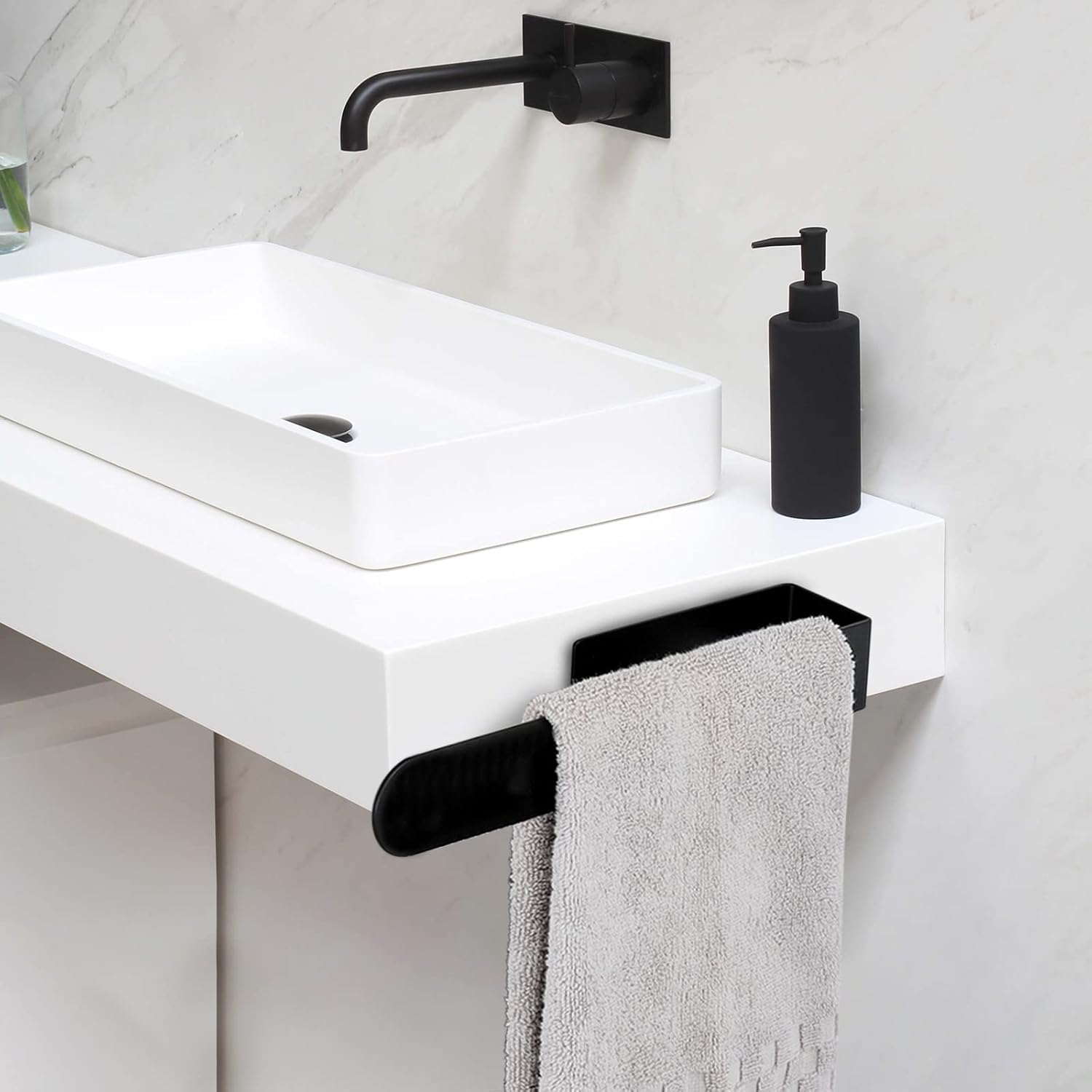 Porte-Serviettes Mural Noir 23 cm - Sans Perçage, Anneau Adhésif, Idéal pour Salle de Bain, Cuisine et WC - 5