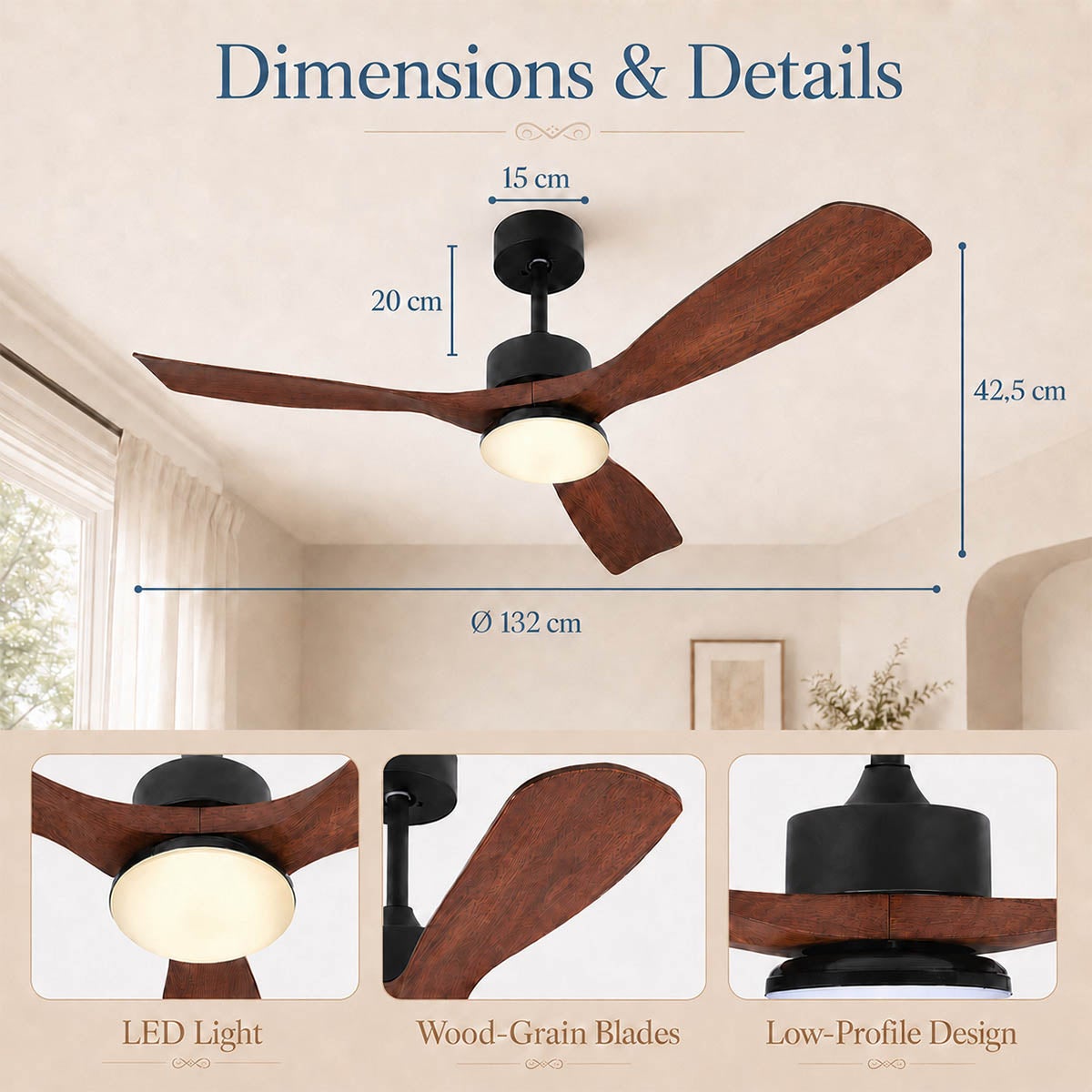 Ventilateur de plafond LED avec lumière 132 cm, 3000K-6500K réglable, pales effet bois, silencieux, télécommande/app, 6 vitesses salon - 2