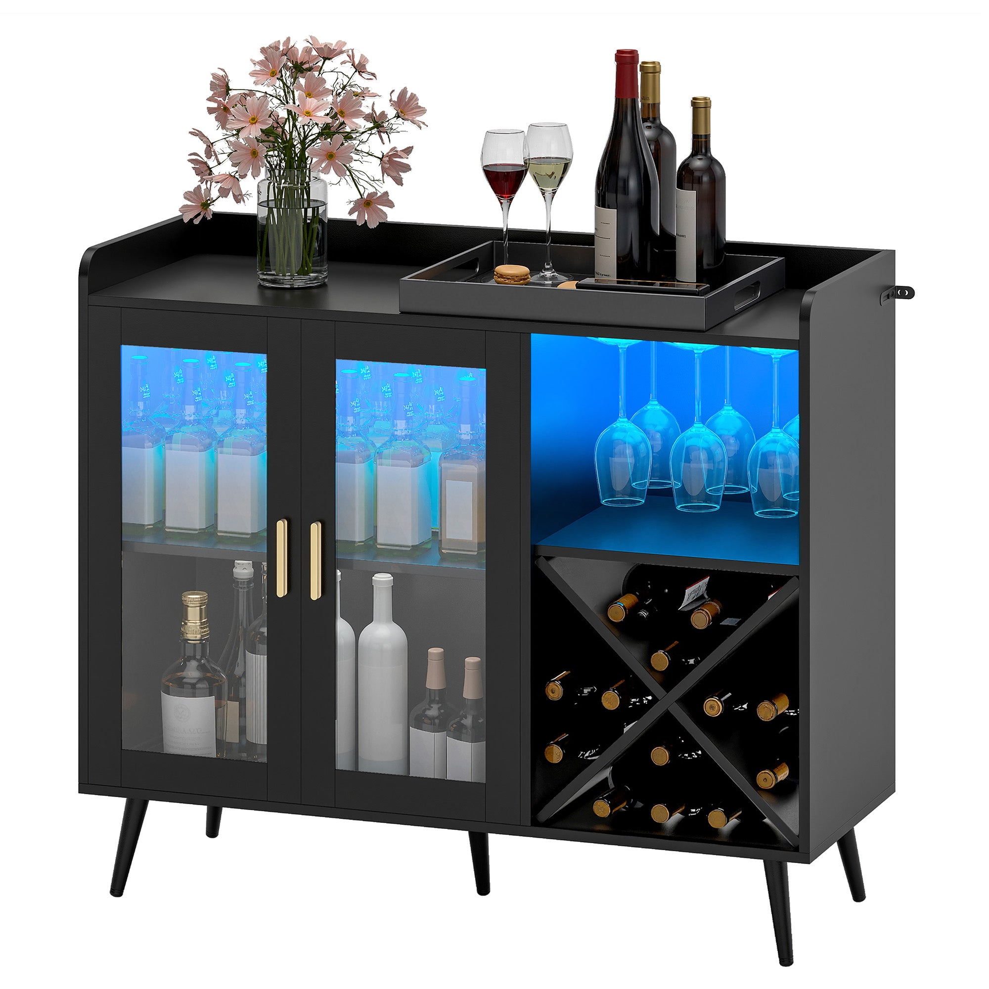 Mueble bar balconera con iluminación led, 106 cm (ancho) x 40 cm (profundidad) x 90 cm (alto), negro
