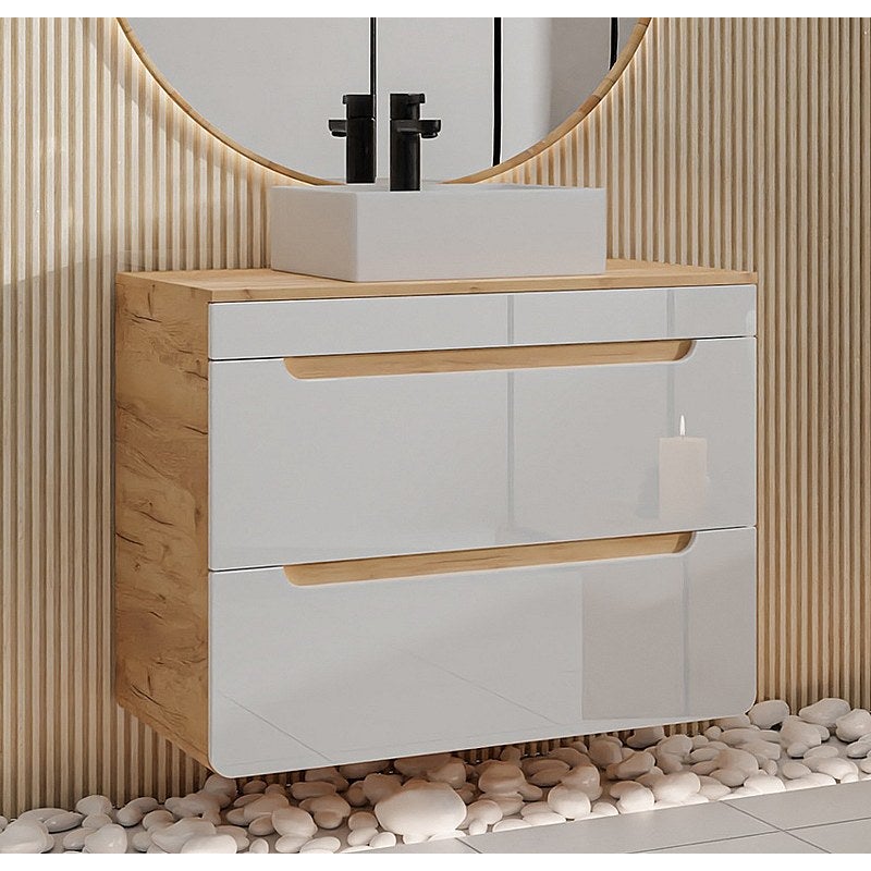 Szafka łazienkowa wisząca z umywalką nablatową - Naturalny i biały - 80 cm - ARUBA