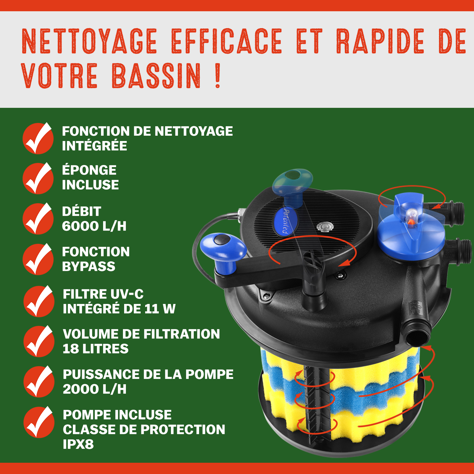GARDEBRUK® Filtre de bassin à pression avec pompe 16L set complet 2000 L/h 11W lampe UVC fonction dérivation bypass filtre UV-C intégré étang mare - 6
