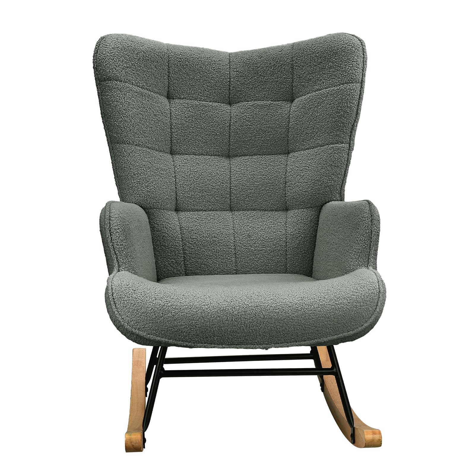 Fauteuil à bascule, d'allaitement, de salon, à bascule, avec structure en métal et base en bois, charge maximale:150 kg, tissu en peluche, Gris foncé - 7
