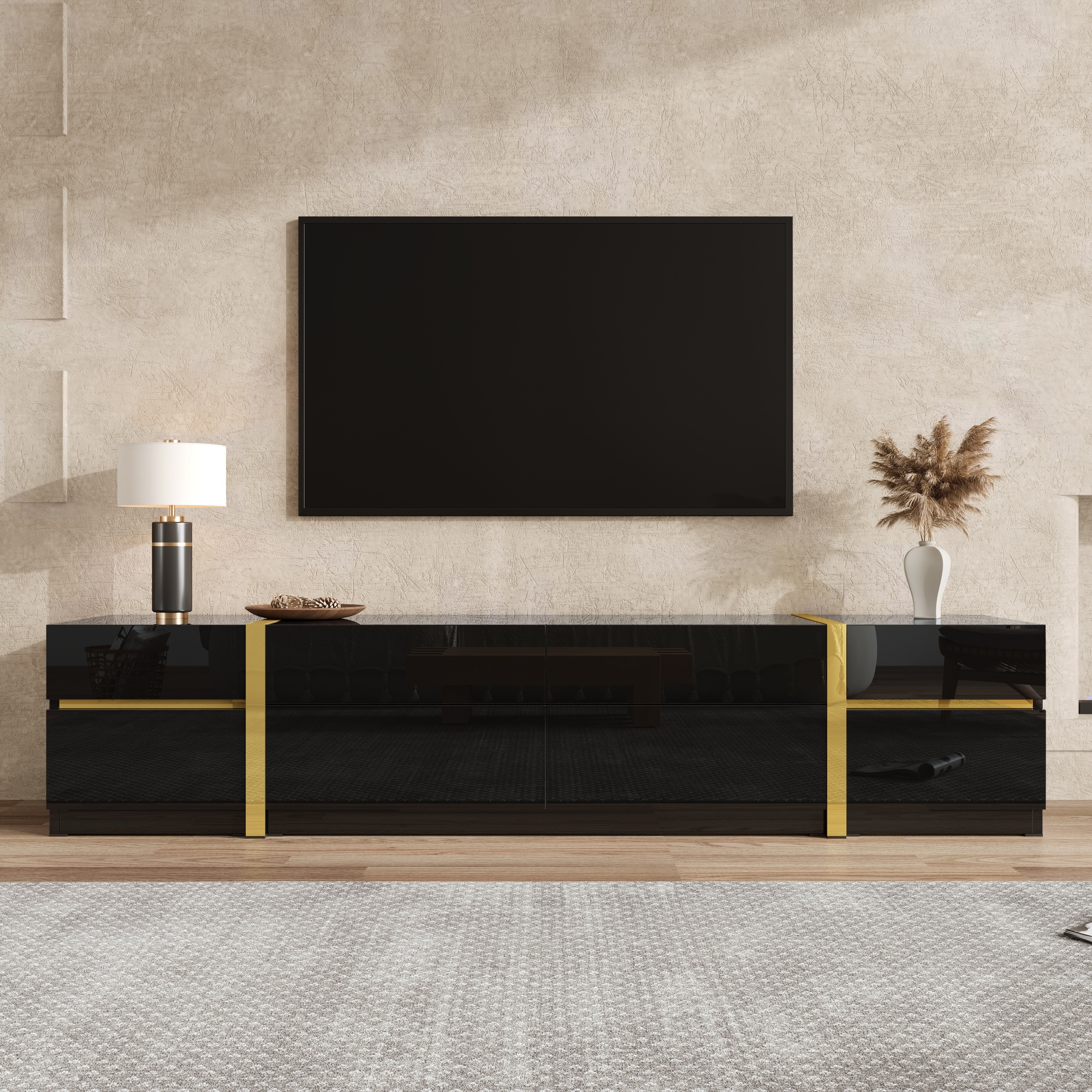 Nowoczesna szafka RTV z 4 szufladami i 1 opuszczanymi drzwiami - 180 x 40 x 38 cm - Wykończenie błyszczące - Płyta wiórowa + MDF - Kolor czarny