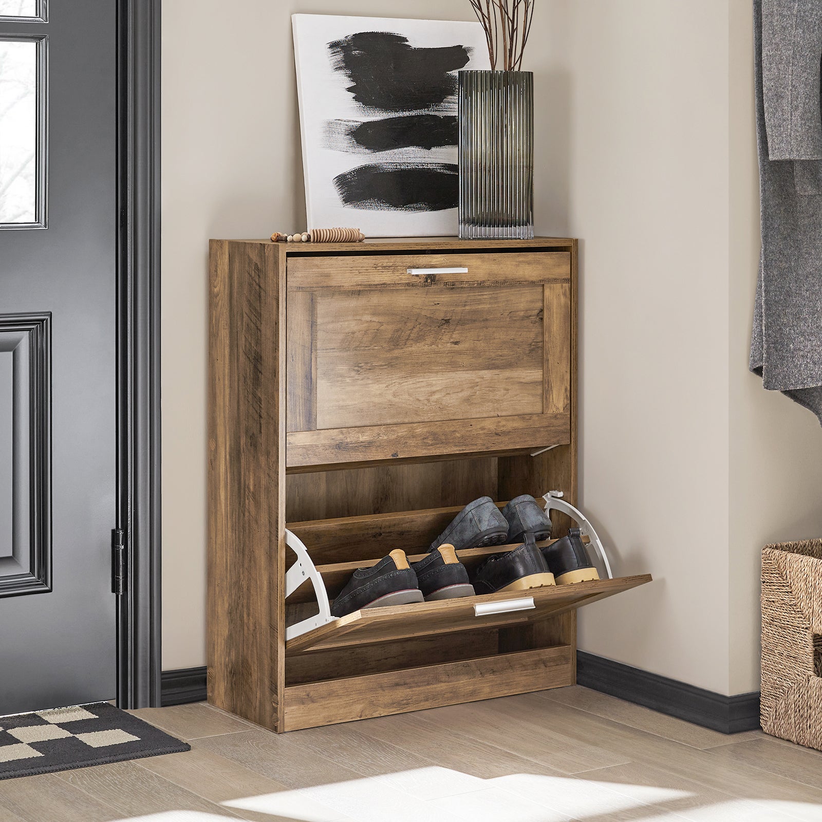 SoBuy Armoire à Chaussures Meuble de Rangement à Chaussures avec 2 Abattants, Marron, FSR137-F - 8