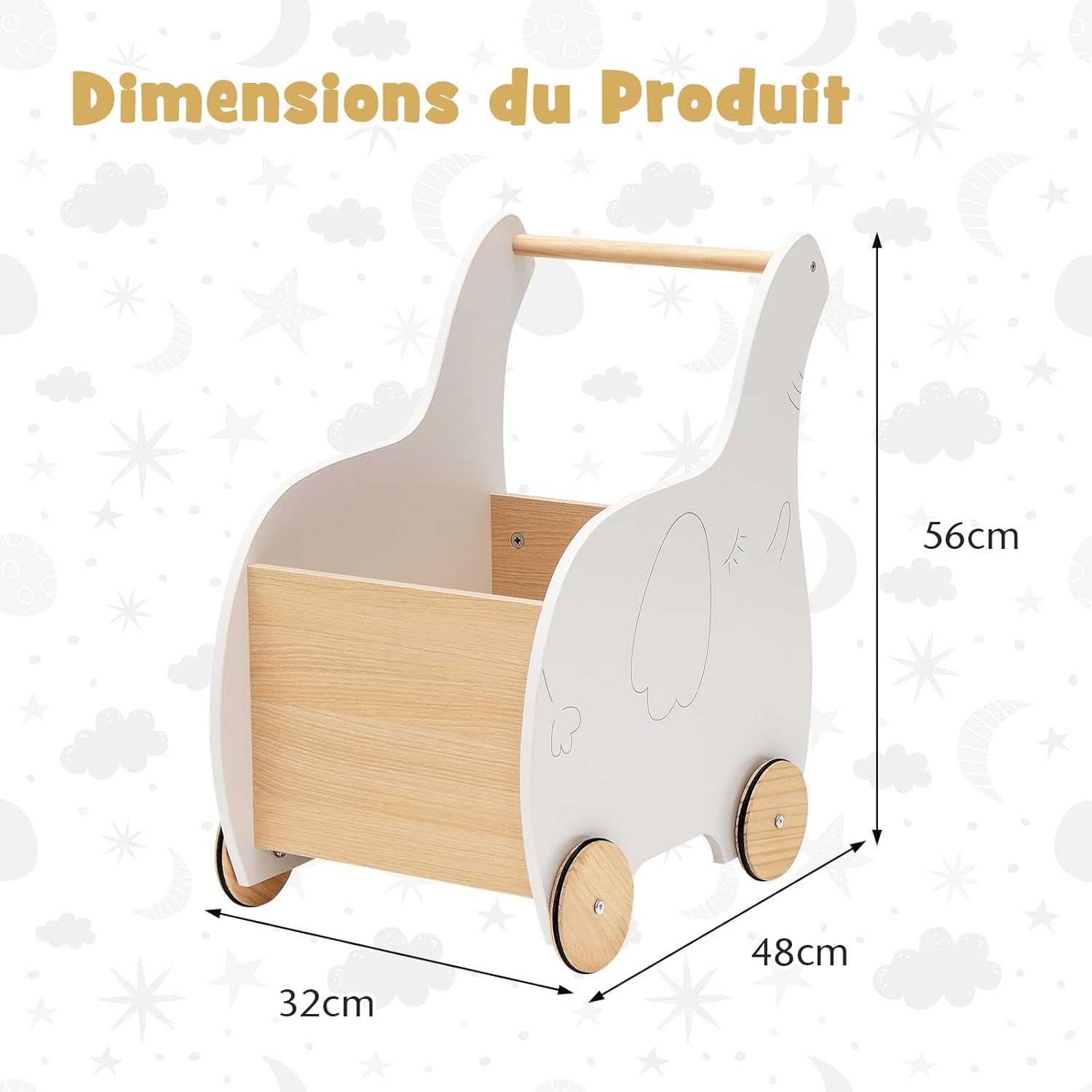 Trotteur Bois Bébé, Chariot de Marche 2 en1 avec Coffre à Jouets, Marcheur Enfant 1+ Ans Forme d'Éléphant, Parfait Cadeau pour Enfants - 9