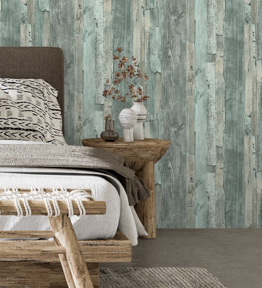 Papel pintado vinílico lavable efecto madera turquesa textura relieve - antares 453788 de gaulan - rollo de 10 m x 0,53 m