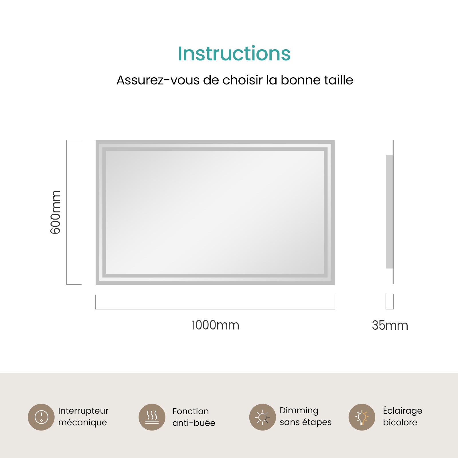 EMKE Miroir lumineux salle de bain 100x60cm, Miroir LED avec Interrupteur à bouton, Anti-buée, Miroir avec éclairage lumière Blanche Froide/Chaude - 7