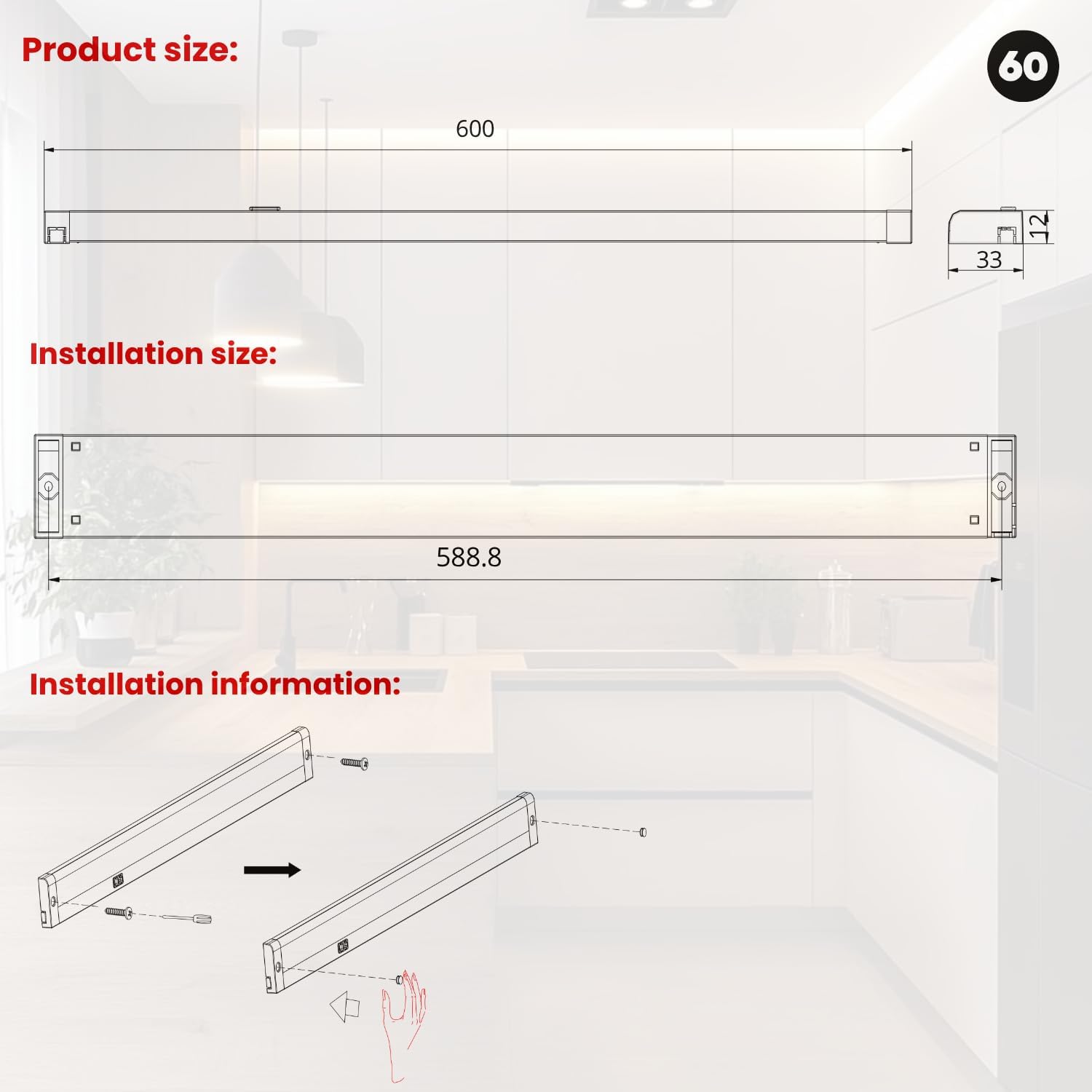 Applique LED Sous-Meuble MARBELLA Longueur 60 cm. avec Variateur Tactile, ON/OFF Tactile et Câble 1,5 M. Idéal Pour Cuisine et Chambre - 3