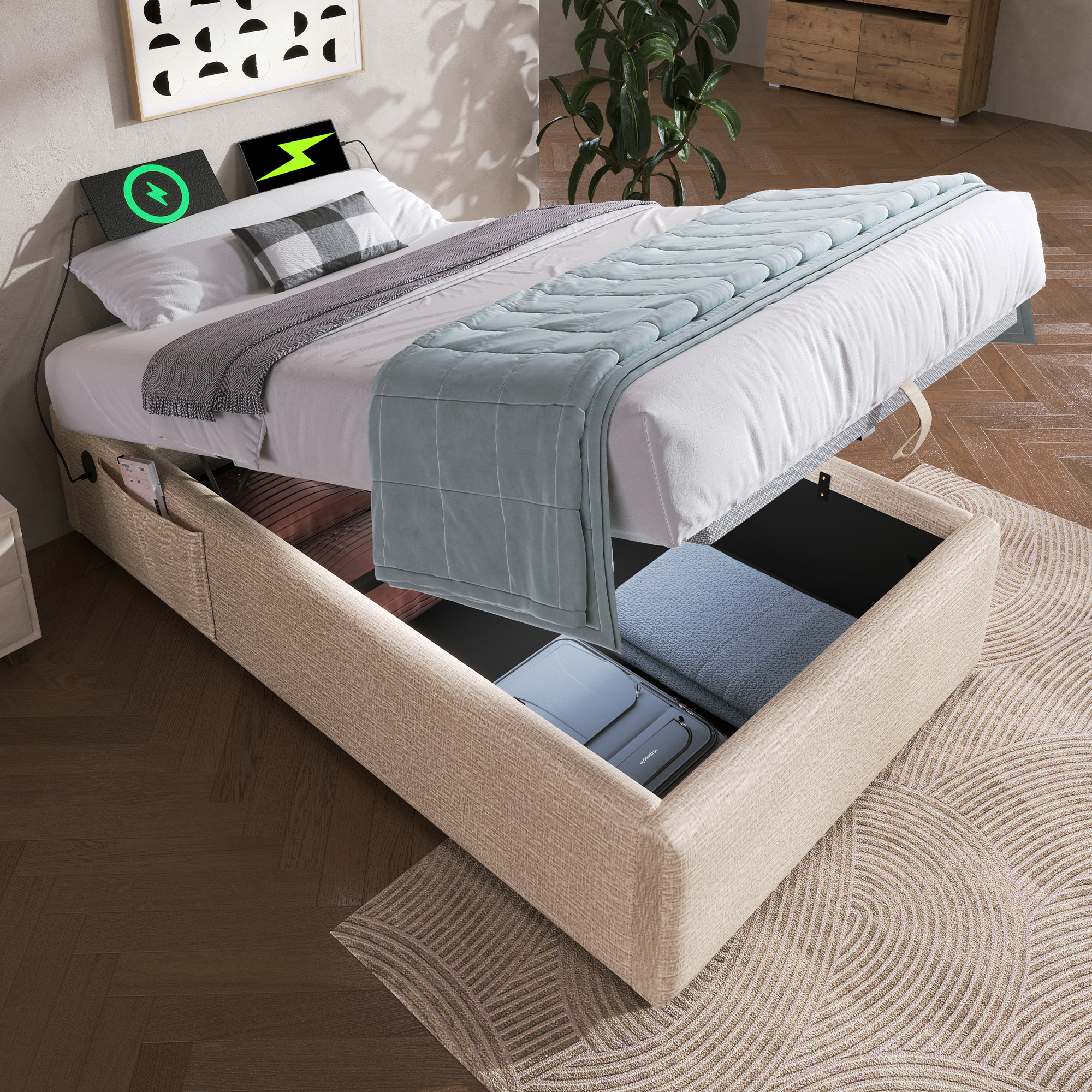 Łóżko z pojemnikiem 90 x 200 cm bez zagłówka - 2 kieszenie boczne i gniazda USB + Type-C - Tkanina lniana - Beżowe (bez materaca)