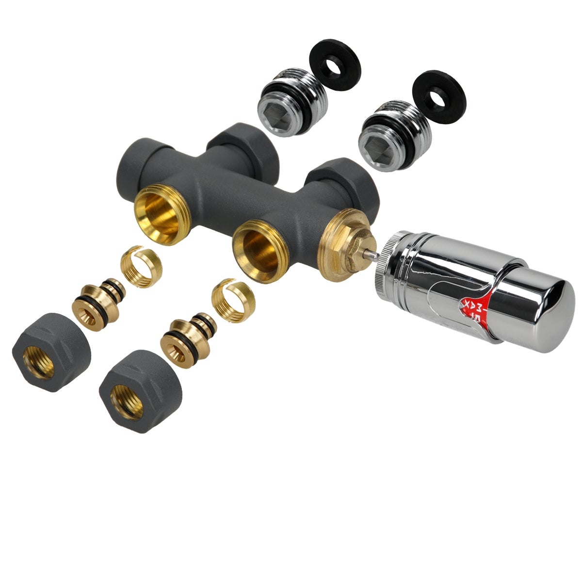 LuxeBath zestaw armatury zaworowej multiblock antracyt prosty przelotowy z termostatem do grzejnika lazienkowego przylacze srodkowe, zestaw