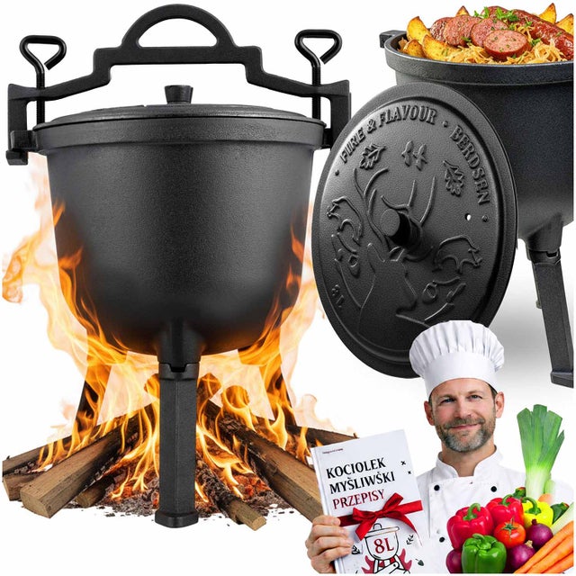 Kociołek żeliwny 8L Berdsen BD-482 garnek myśliwski pieczonka na ognisko grill + przepisy