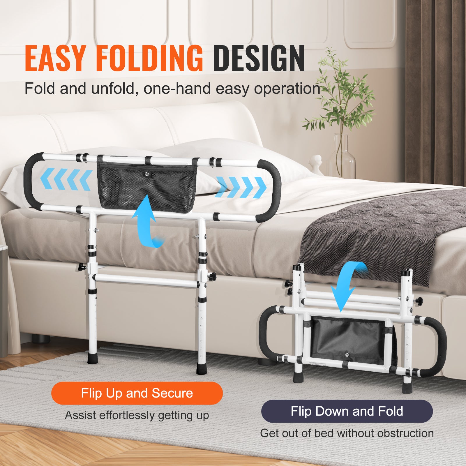 Barrière de Lit VEVOR pour Adultes Personnes Âgées Pliable 180° Rail de Lit d'Assistance Protection Latérale Charge 204kg Poignée Réglable à 4 Niveaux - 3