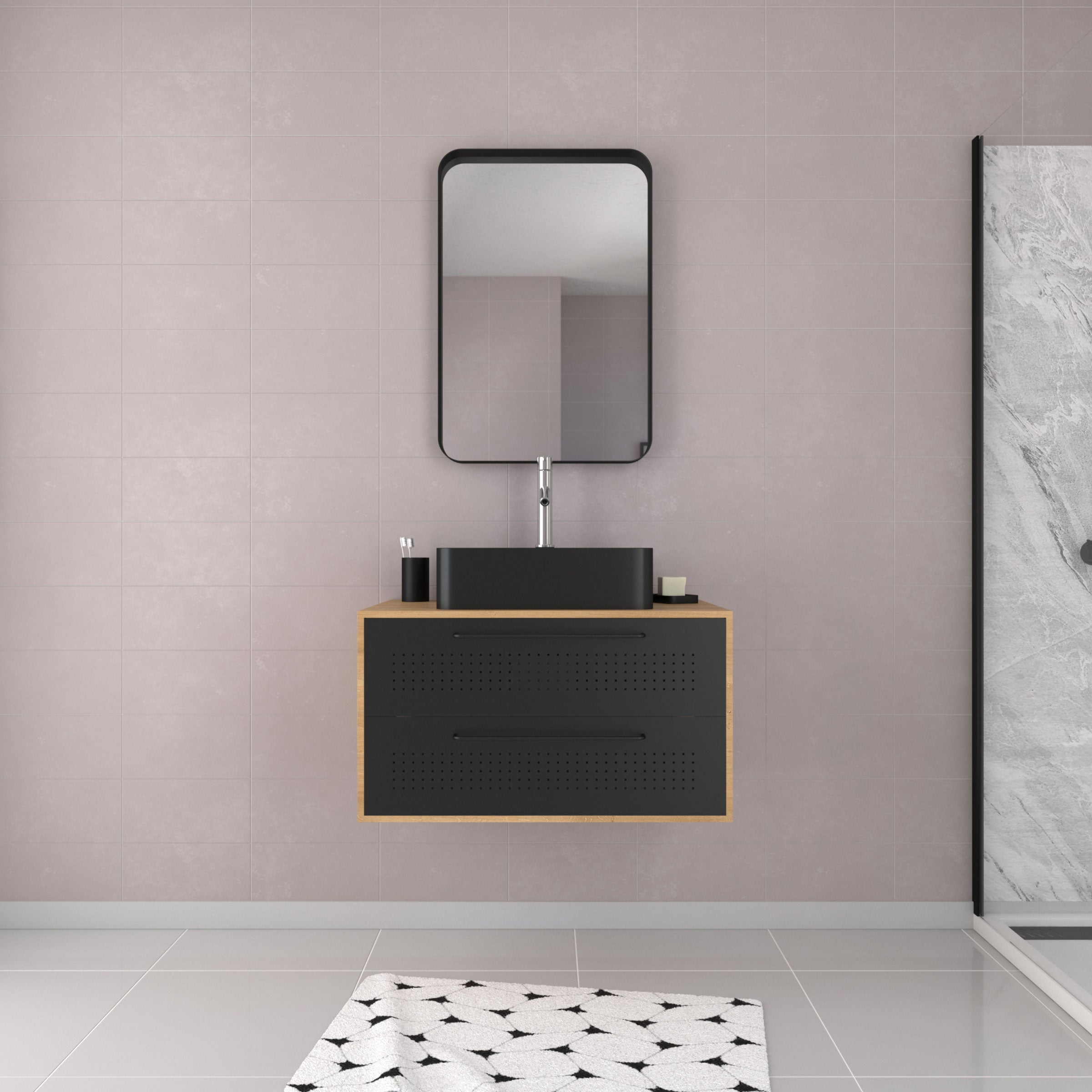 Mueble de baño 2 cajones + lavabo rectangular + espejo - uby 80cm