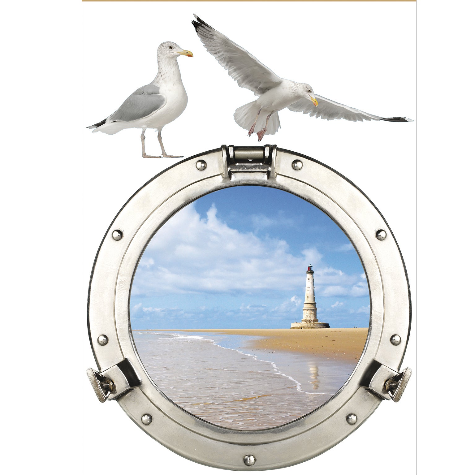 Ventana de pegatina decorativa Trompe L'Oeil 3d Effect, Foto de un buey visto en la orilla del mar con un faro blanco, 68 cm x 48 cm - 2