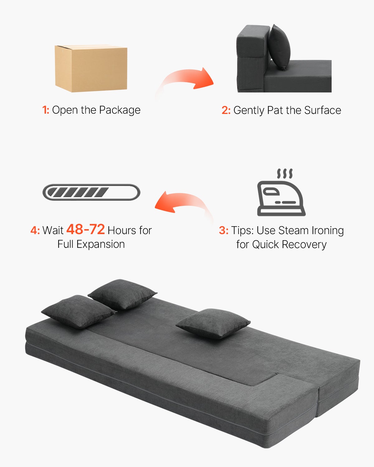 Sofá-cama 3 em 1,dobrável com 3 almofadas e capa lavável,Sofá-cama futon em espuma memória,Sala,quarto,Cinza escuro,103 x 193 cm (Twin) VEVOR - 6