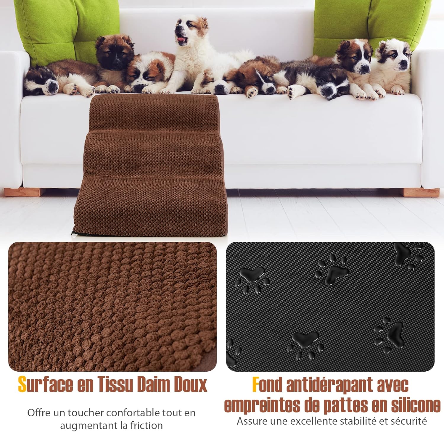 Escalier pour Animaux à 3 Marches en Mousse Haute Densité avec Brosse de Nettoyage, 58 x 42 x 40 cm - 8