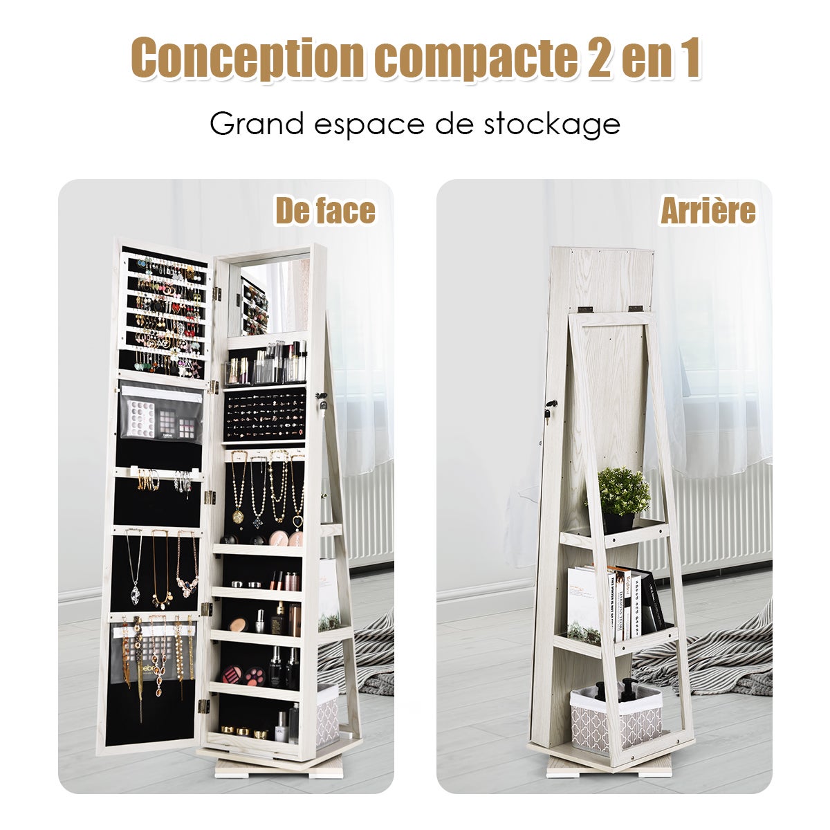 Armoire à Bijoux Pivotante à 360 Degrés sur Pieds,avec Grand Miroir Psyché et Etagère de Rangement à L’Arrière (Blanc) - 7