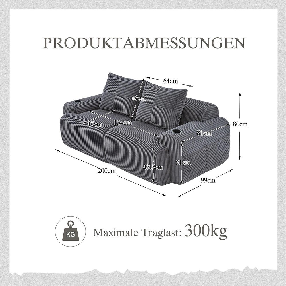 Canapé 2 places 200 cm - Canapé modulable avec accoudoirs - Porte-gobelets - Sans montage - Tissu velours côtelé - Gris foncé - 6