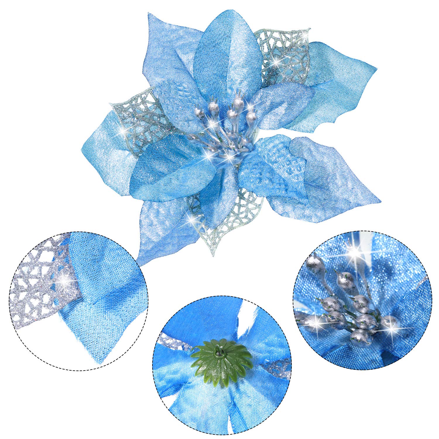 Lot de 50 décorations de Noël, fleurs artificielles scintillantes avec clips, décorations pour sapin de Noël, pendentifs de fleurs artificielles - 5