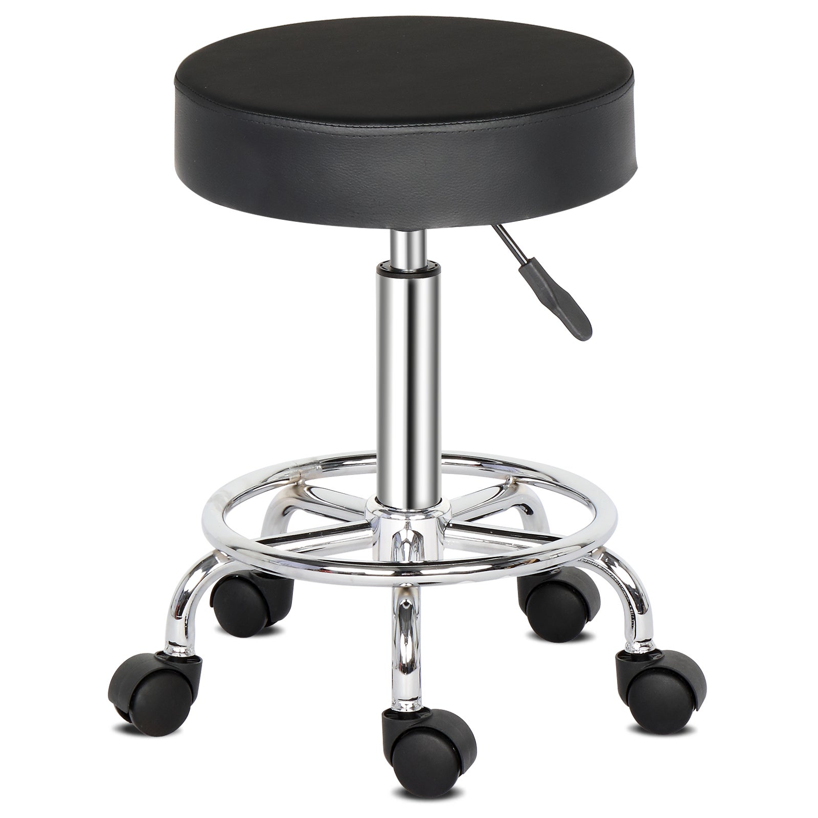 Siège Rond Noir en Simili Cuir Semi-PU avec Vérin à Gaz Certifié SGS, Coussin Épais de 8cm en Mousse Moulée, Roulettes en Nylon, Capacité de 150kg - 7