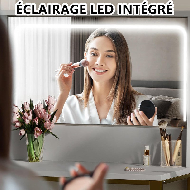 Coiffeuse d'angle - Coiffeuse moderne - 120x80x135 cm - Miroir LED 3 tons - 5 tiroirs transparents - 3 etagères - Meuble de rangement - Blanc - 8