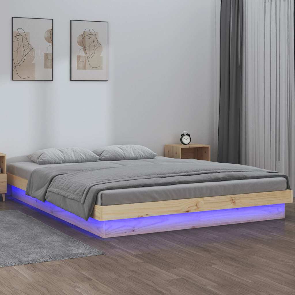 Łóżko Drewniane Brązowe Rama Łóżka Ze Stelażem Drewniana Do Sypialni Pokoju LED 150x200 cm
