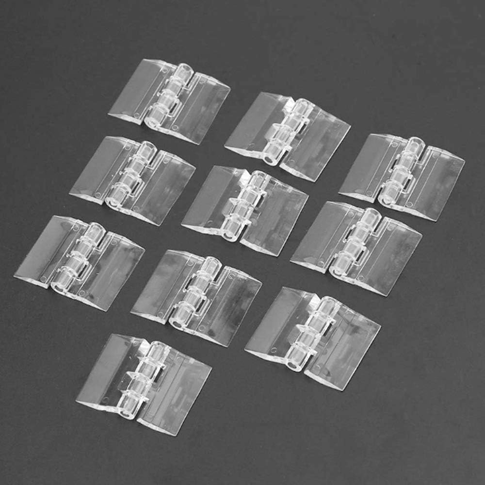 Opakowanie 10 składanych zawiasów wykonanych z trwałego, przezroczystego tworzywa sztucznego i akrylu Perspex, 25 x 33 mm