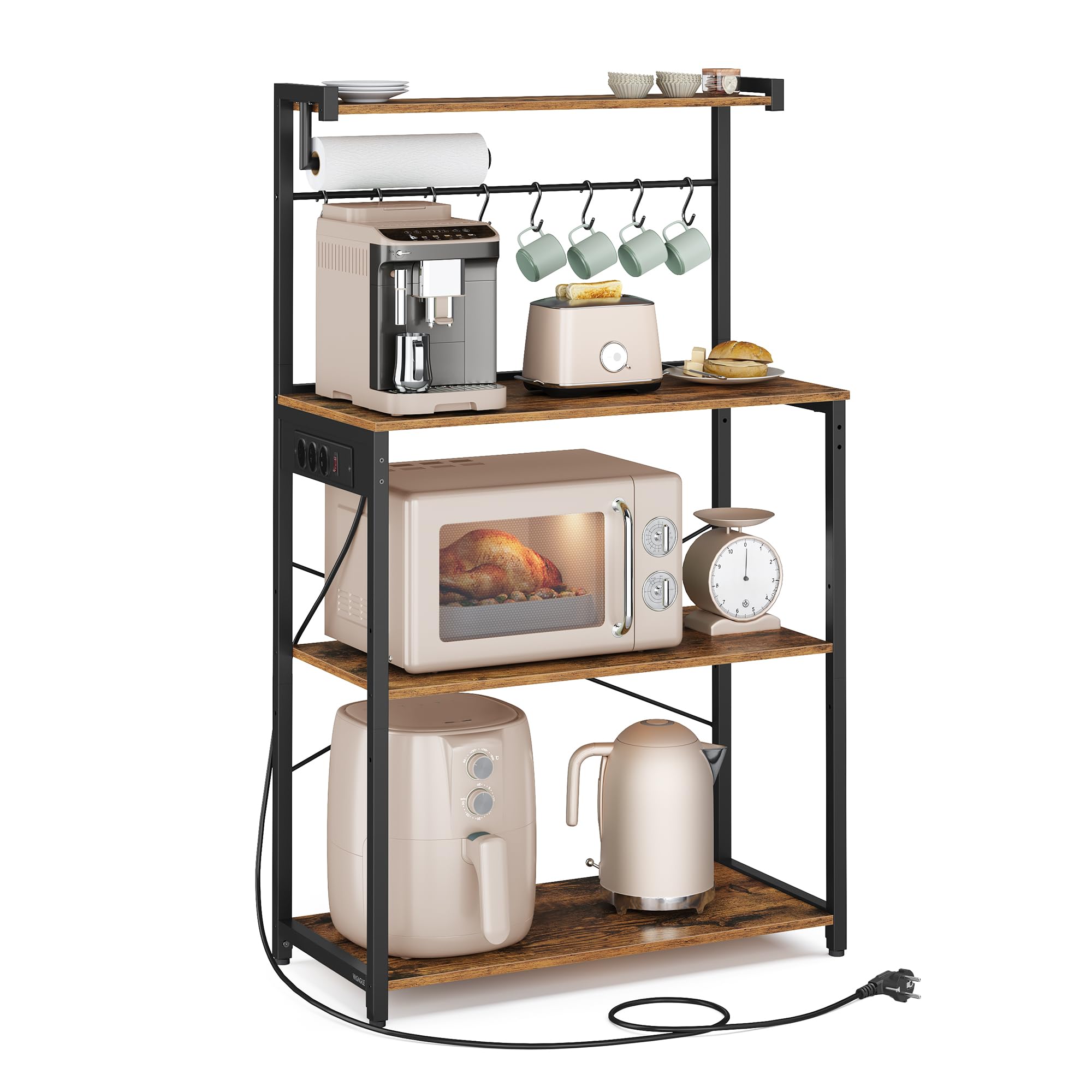Estantería de cocina con enchufes, 4 niveles ajustables y 8 ganchos, ideal para microondas, 80x40x140 cm, marrón y negro