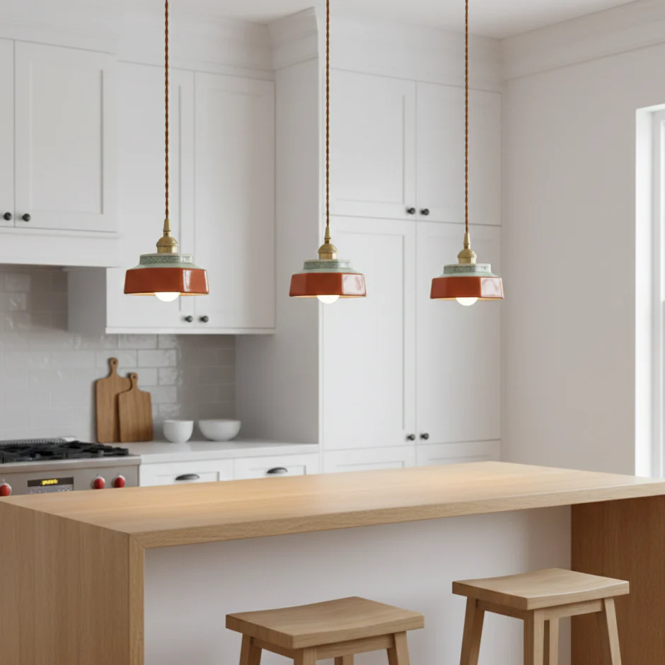 Suspension vintage en céramique, petit lustre, lampe de chevet LED, plafonnier suspendu en porcelaine, φ14cm, pour salle à manger, chambre, cuisine - 2